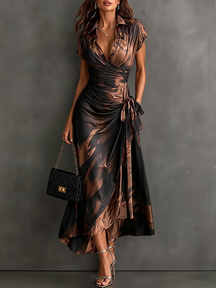 Women's abstract print collared wrap maxi dress front view