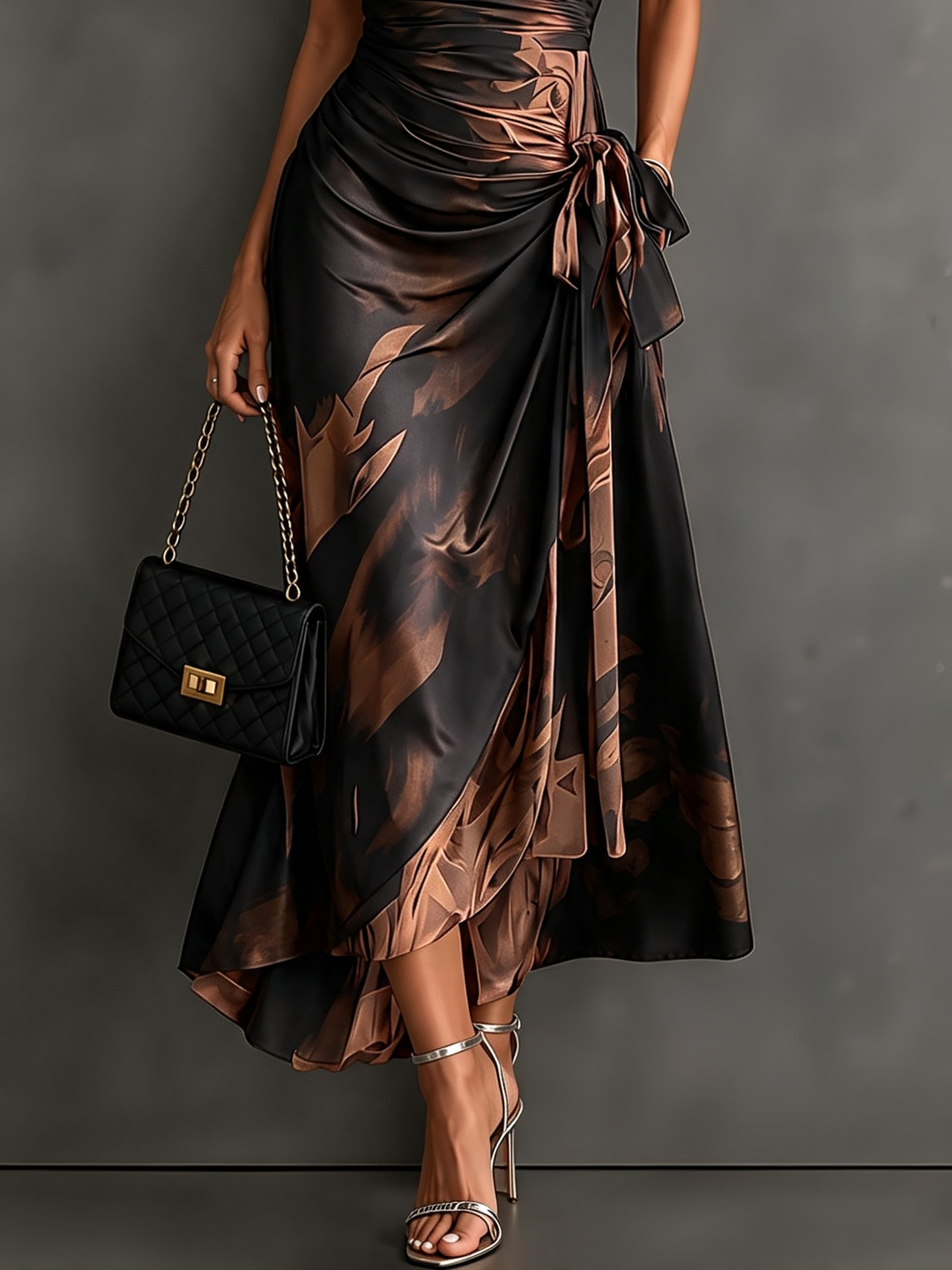 Side profile of women's patterned wrap maxi dress with collar