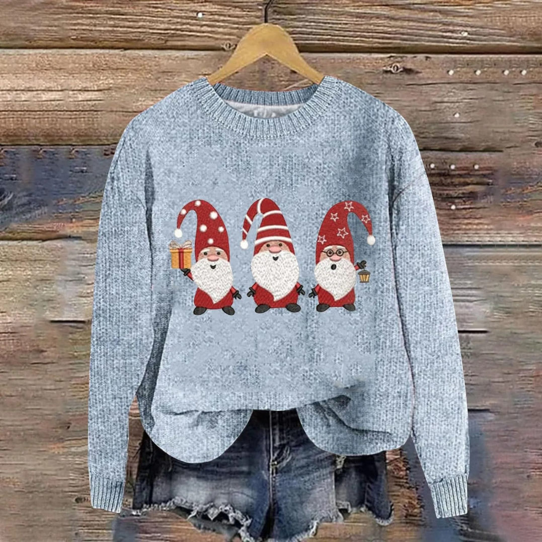 Full length view of woman styling festive Santa knitwear for winter holiday outfit