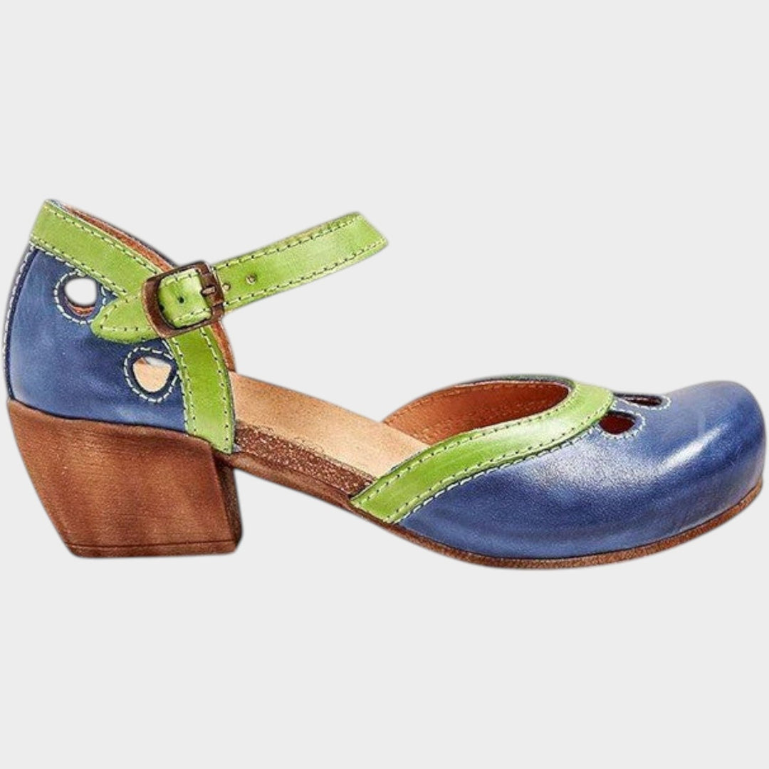 Women's blue and green vintage ankle strap block heel sandal side profile