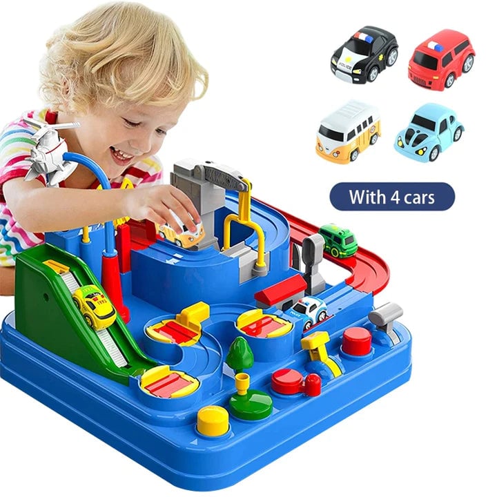 Child interacting with the toddler activity track and mini cars