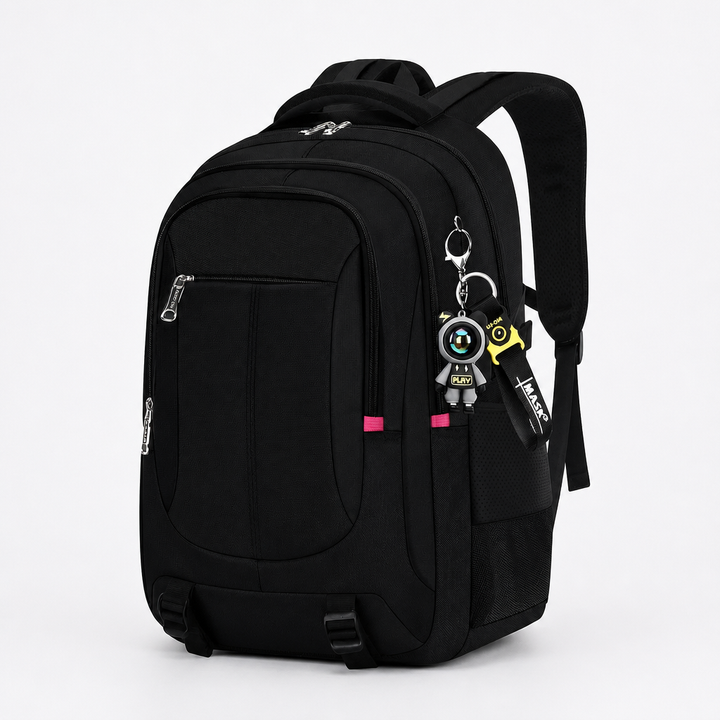 Side profile of the structured blue travel backpack highlighting its modern boxy shape.