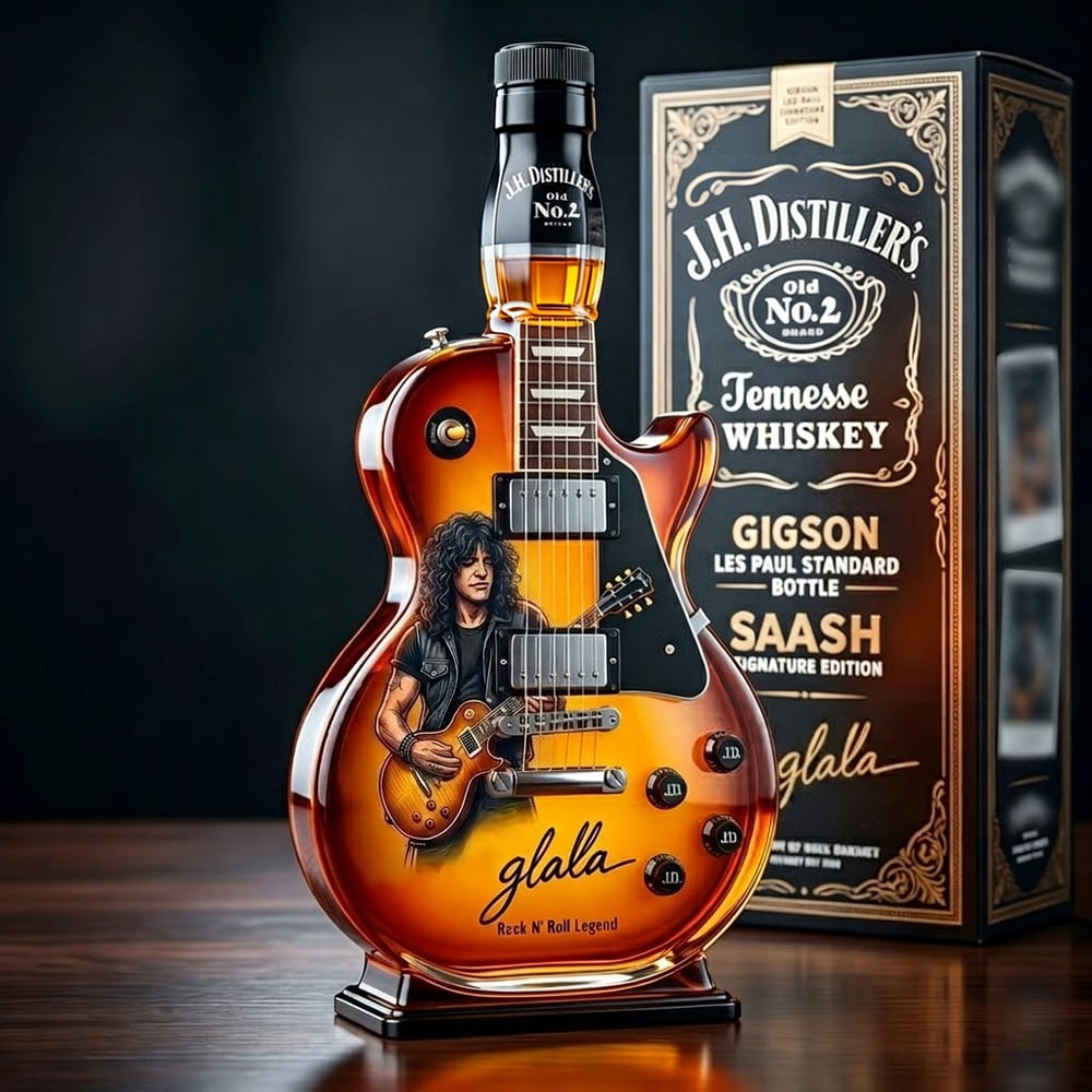 Vintage sunburst guitar whisky decanter figurine on a wooden table with gift box