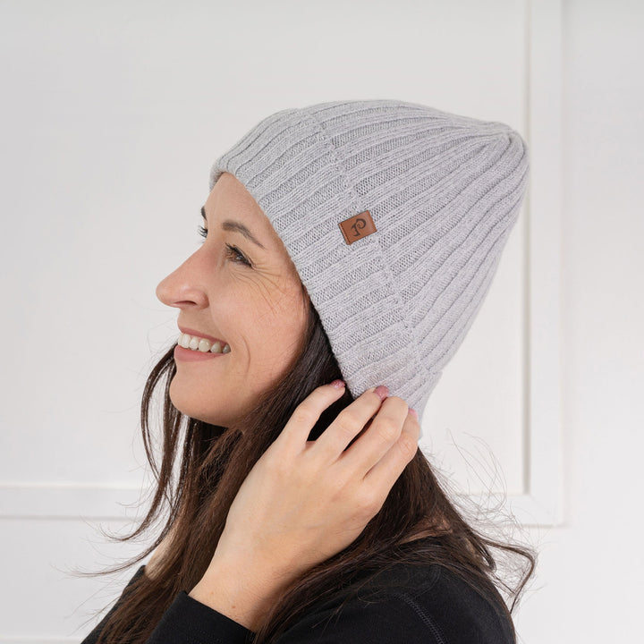 Folded winter beanie showing premium quality stretch and yarn