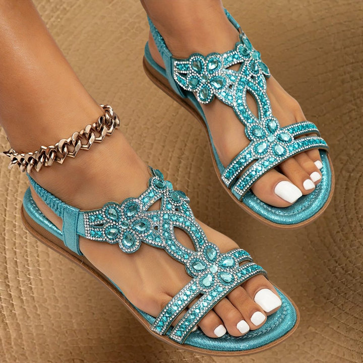 Top angle of sparkly summer walking shoes and casual footwear with cushioned orthotic insoles