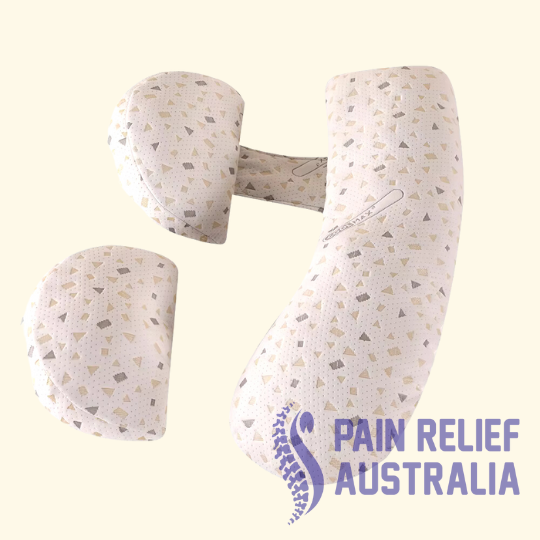 Full view of the white geometric print pregnancy support pillow and modular sections