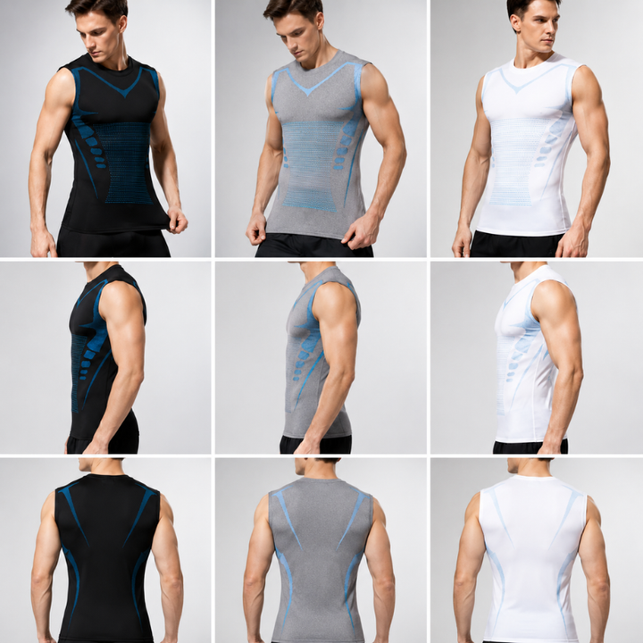 Womens shapewear and mens fitness apparel dual-display compression top