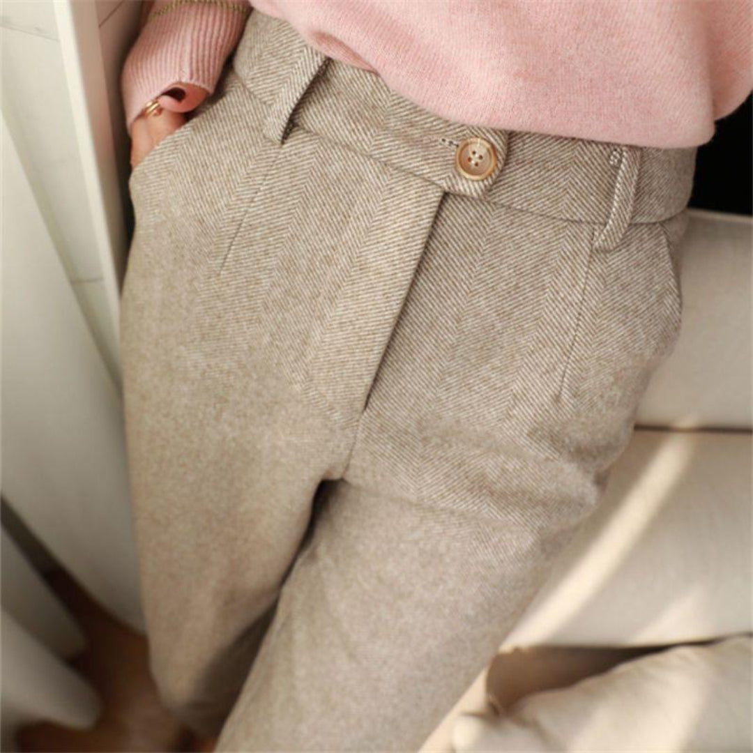 Front view of Lucas men's tailored trousers paired with a pink sweater