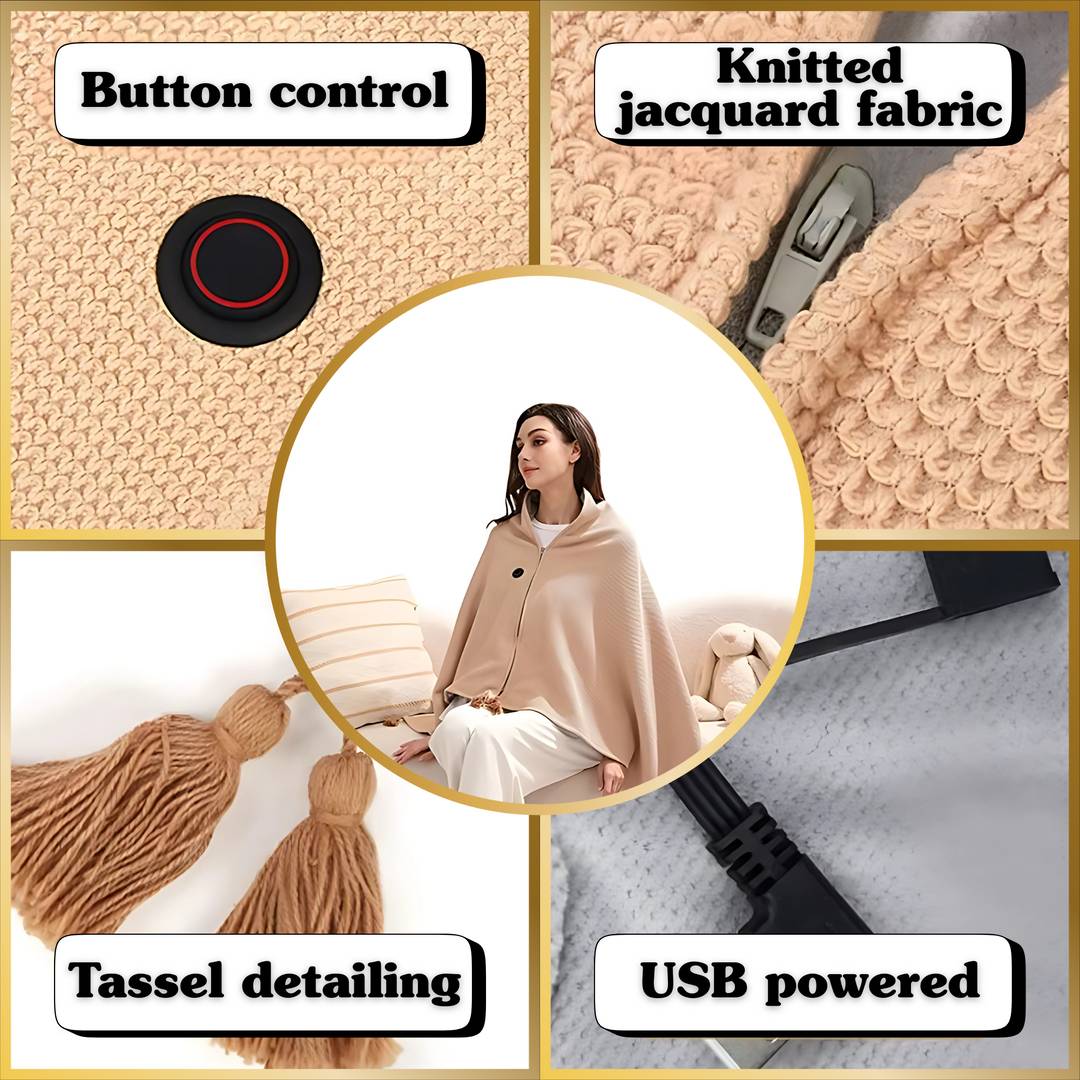 Folded electric heated shawl showing plush fleece material and USB connection port