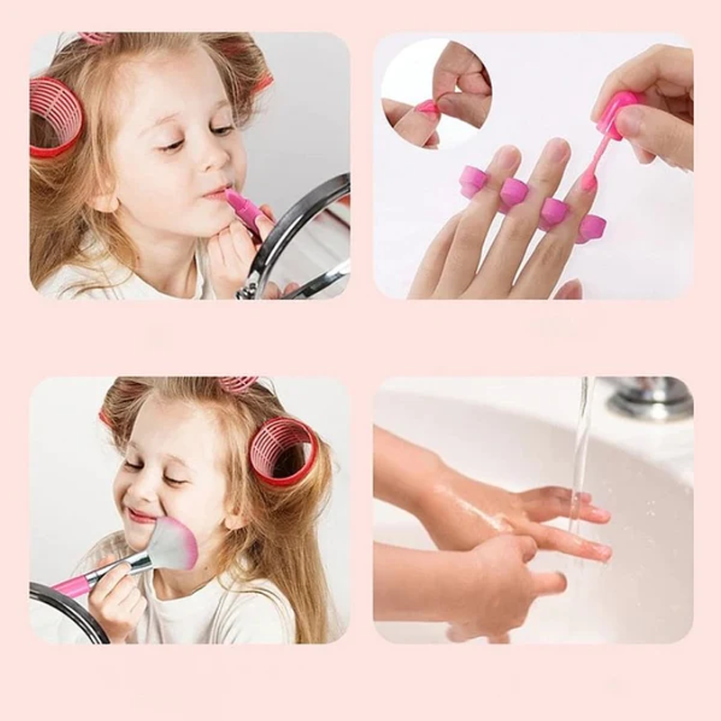 Little girls toy makeup kit with safe applicators and brushes