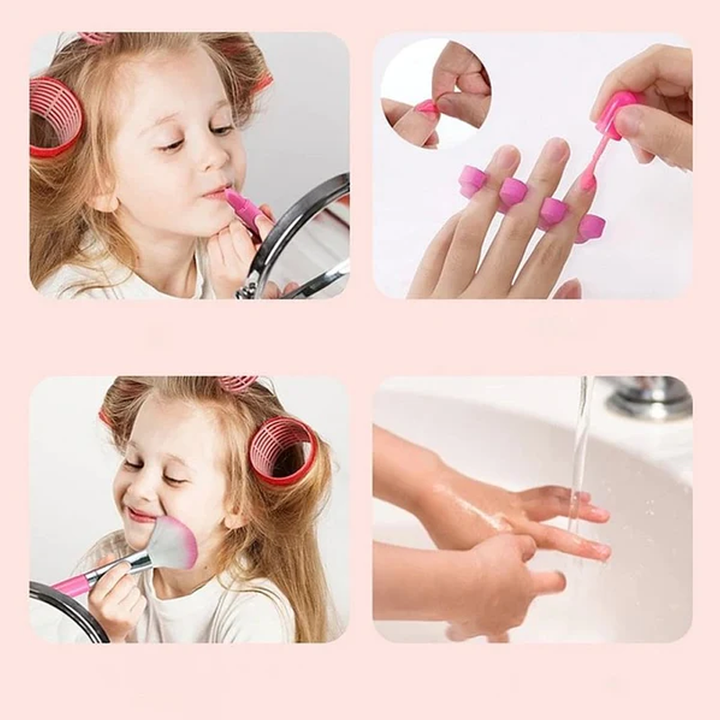 Little girls toy makeup kit with safe applicators and brushes