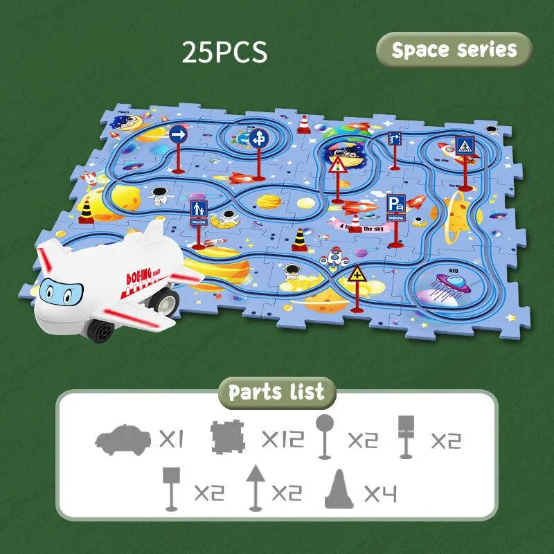 Educational vehicle puzzle set Space theme with toy vehicle and track pieces