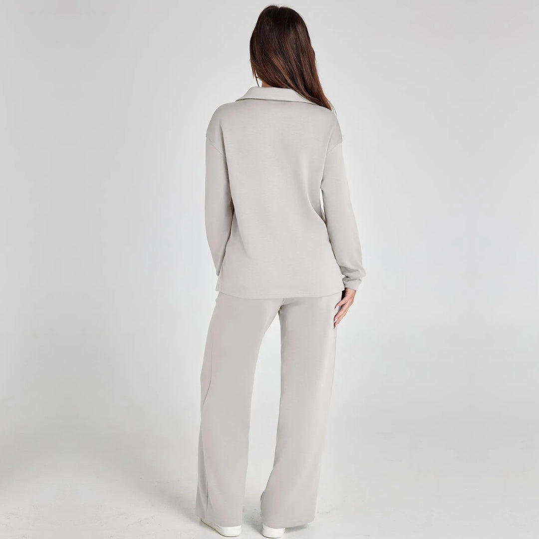 Casual women's fashion outfit in a soft neutral fabric
