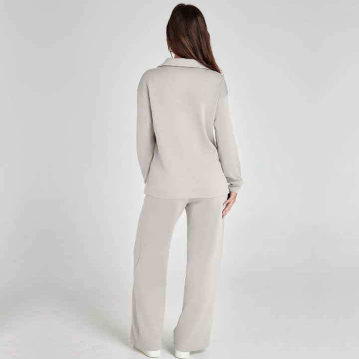 Casual women's fashion outfit in a soft neutral fabric