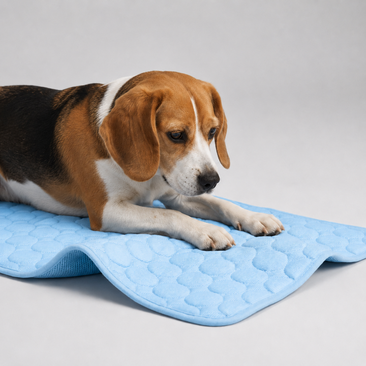 Beagle resting on a breathable blue pet cooling sleeping mat