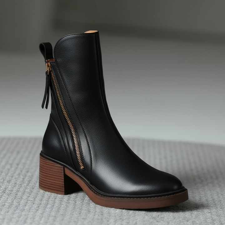 Close-up of stylish side zipper detail on black block heel boots
