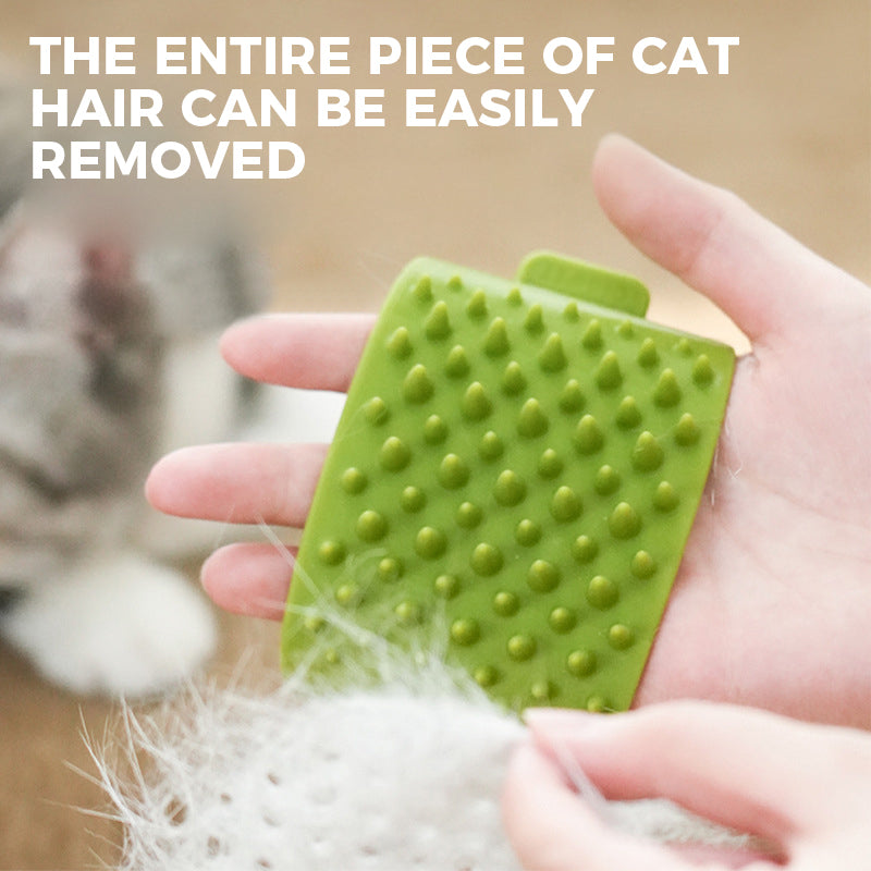 Close-up of silicone pet brush teeth capturing shedding undercoat