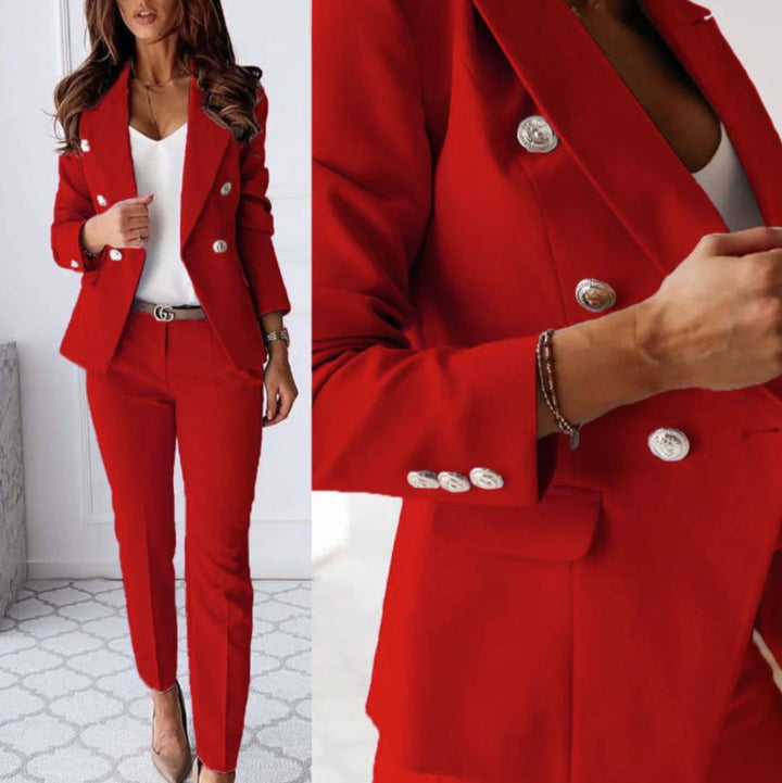 Tailored pants and double-breasted blazer creating a modern womens suit