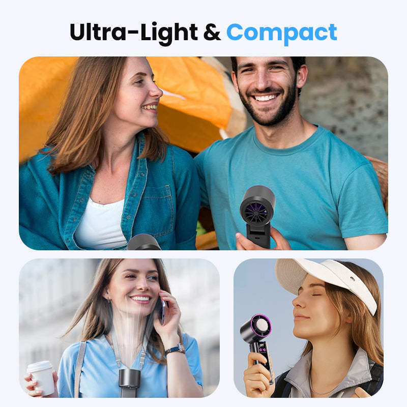 Lightweight handheld fan being held comfortably by a person outdoors
