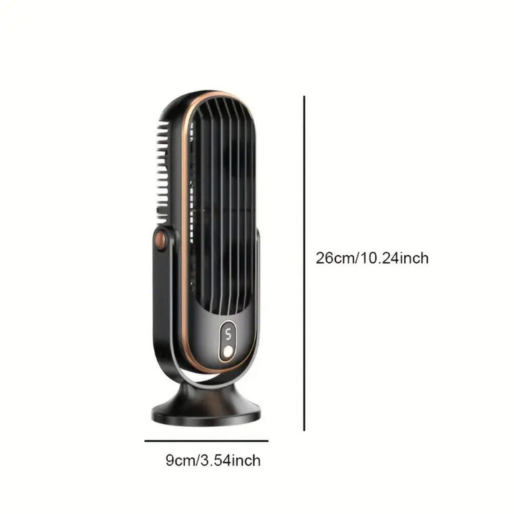Rechargeable desk fan connected via USB cable to a laptop for convenient office cooling.