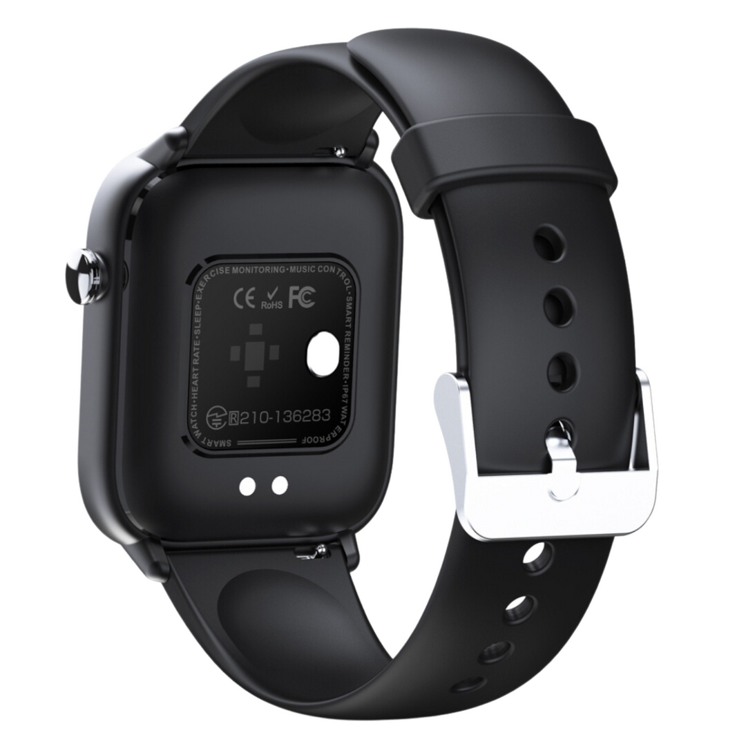 HealthGuard Pro smartwatch rear view showing sensor placement and certification details