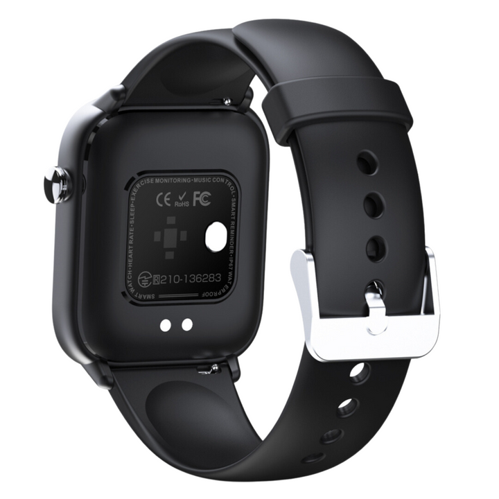 HealthGuard Pro smartwatch rear view showing sensor placement and certification details