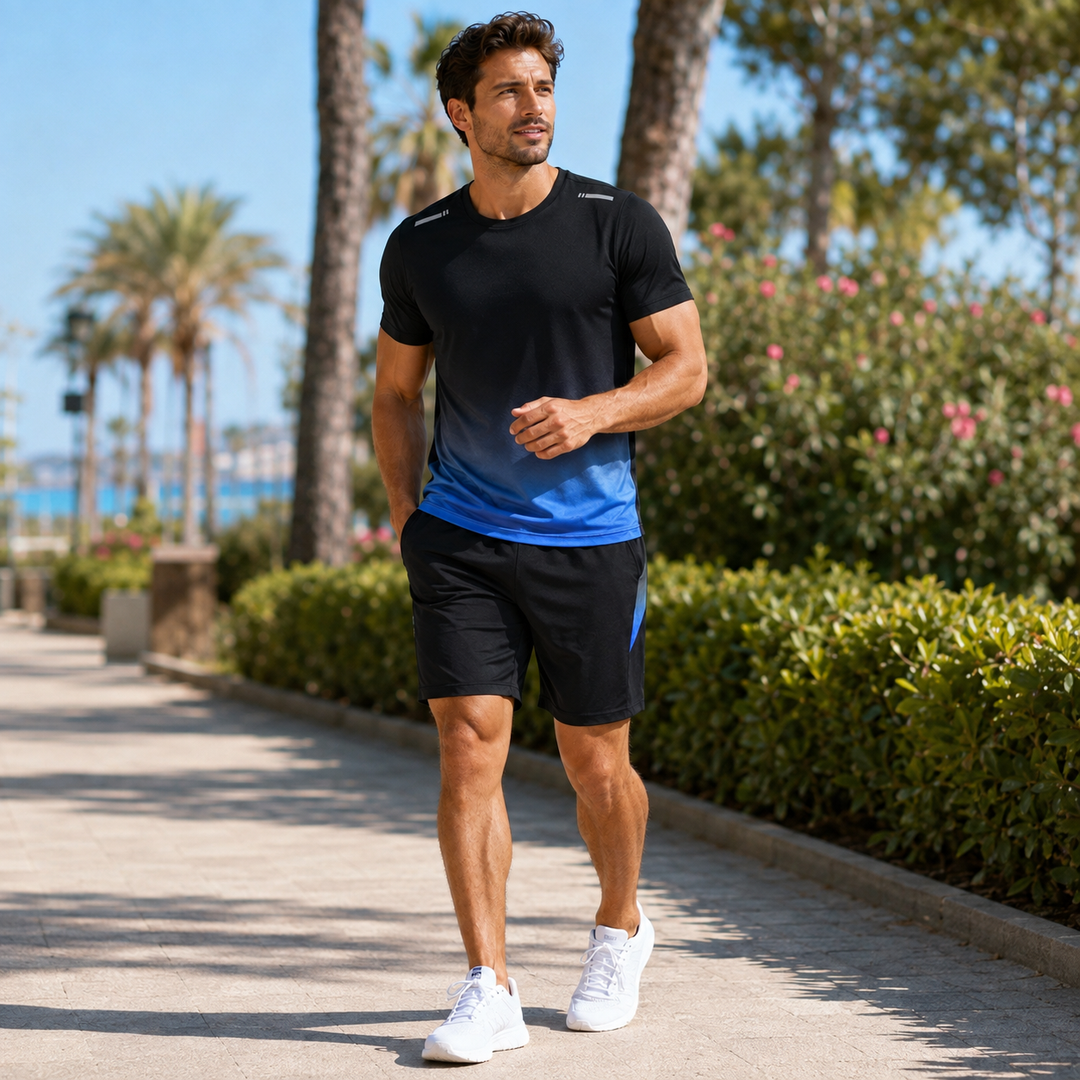 Athletic man wearing a black and blue gradient activewear set walking outdoors near palm trees.