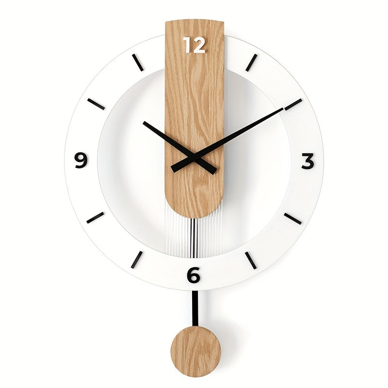 Minimalist wooden and acrylic pendulum wall clock with clean white face and Arabic numerals