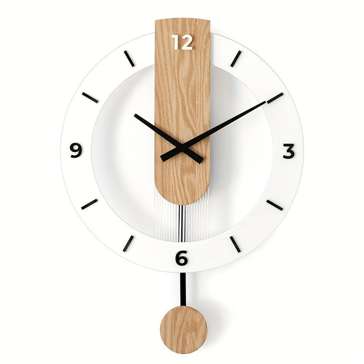 Minimalist wooden and acrylic pendulum wall clock with clean white face and Arabic numerals