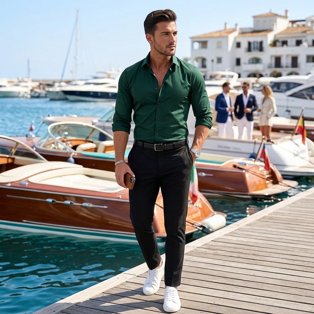 Man wearing a green long-sleeve shirt paired with black trousers near a marina