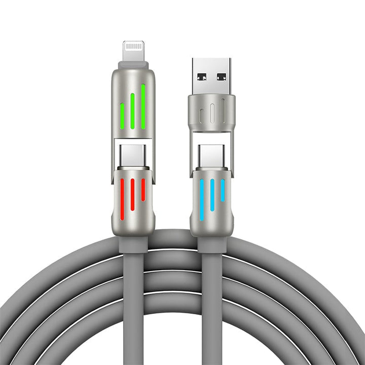Close up view of the multi-connector plugs on the grey charging cable