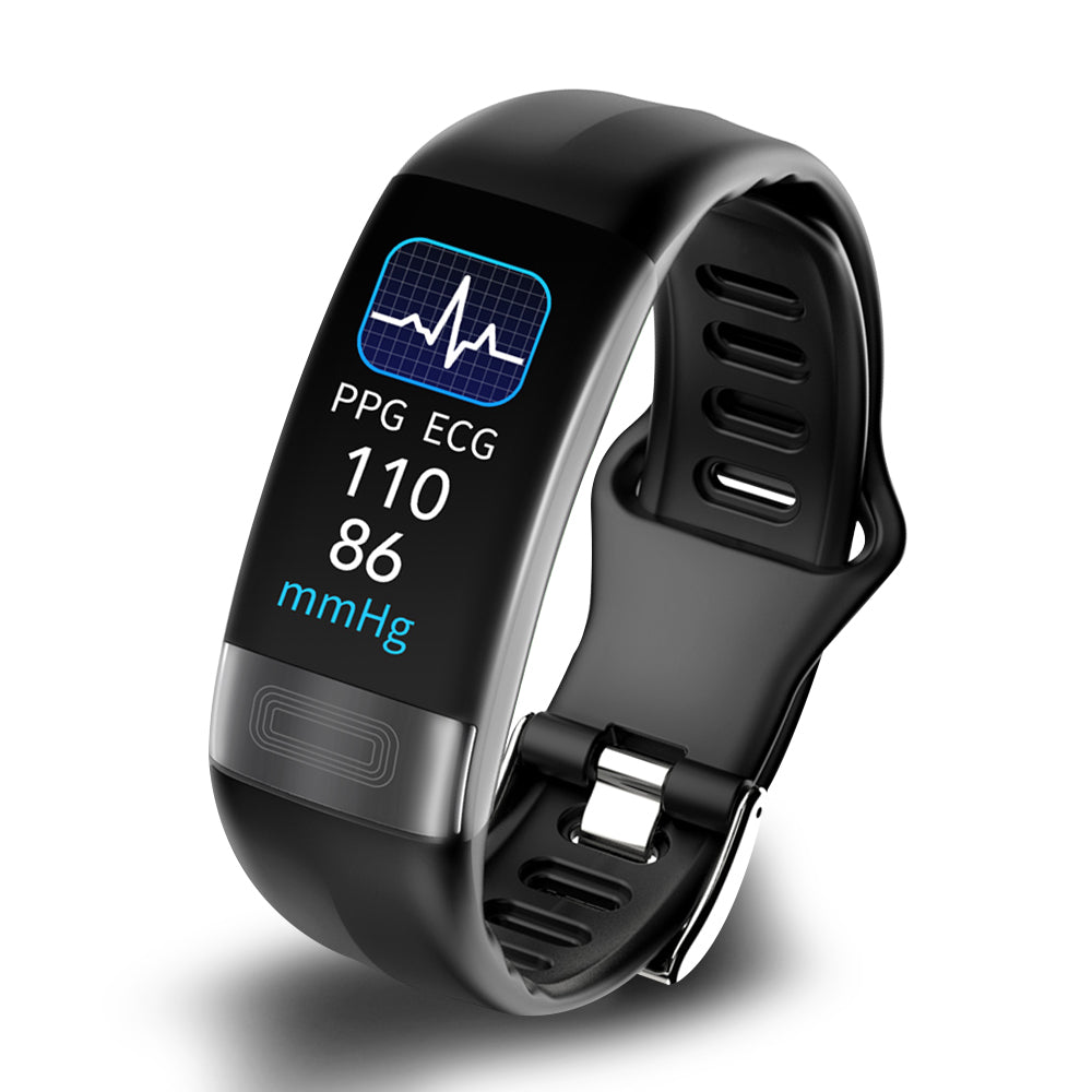 Black health tracker smartwatch showing ECG readings on screen