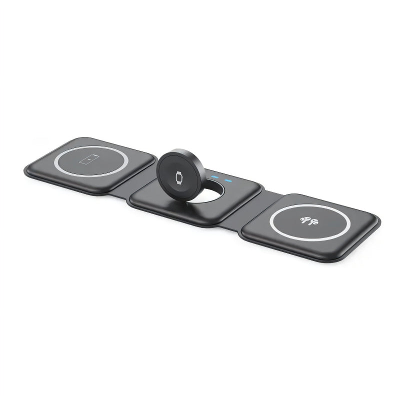 Black triple-fold magnetic wireless charger extended flat on a surface
