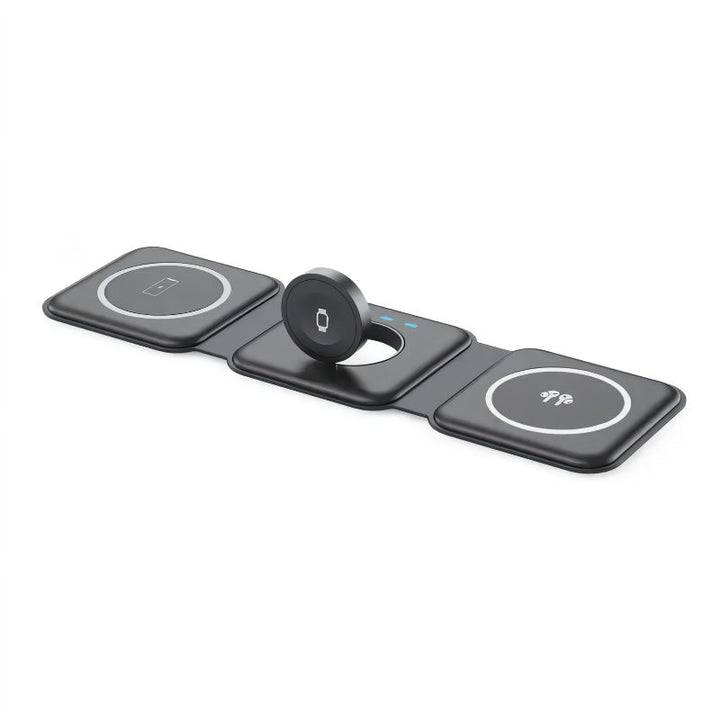 Black triple-fold magnetic wireless charger extended flat on a surface
