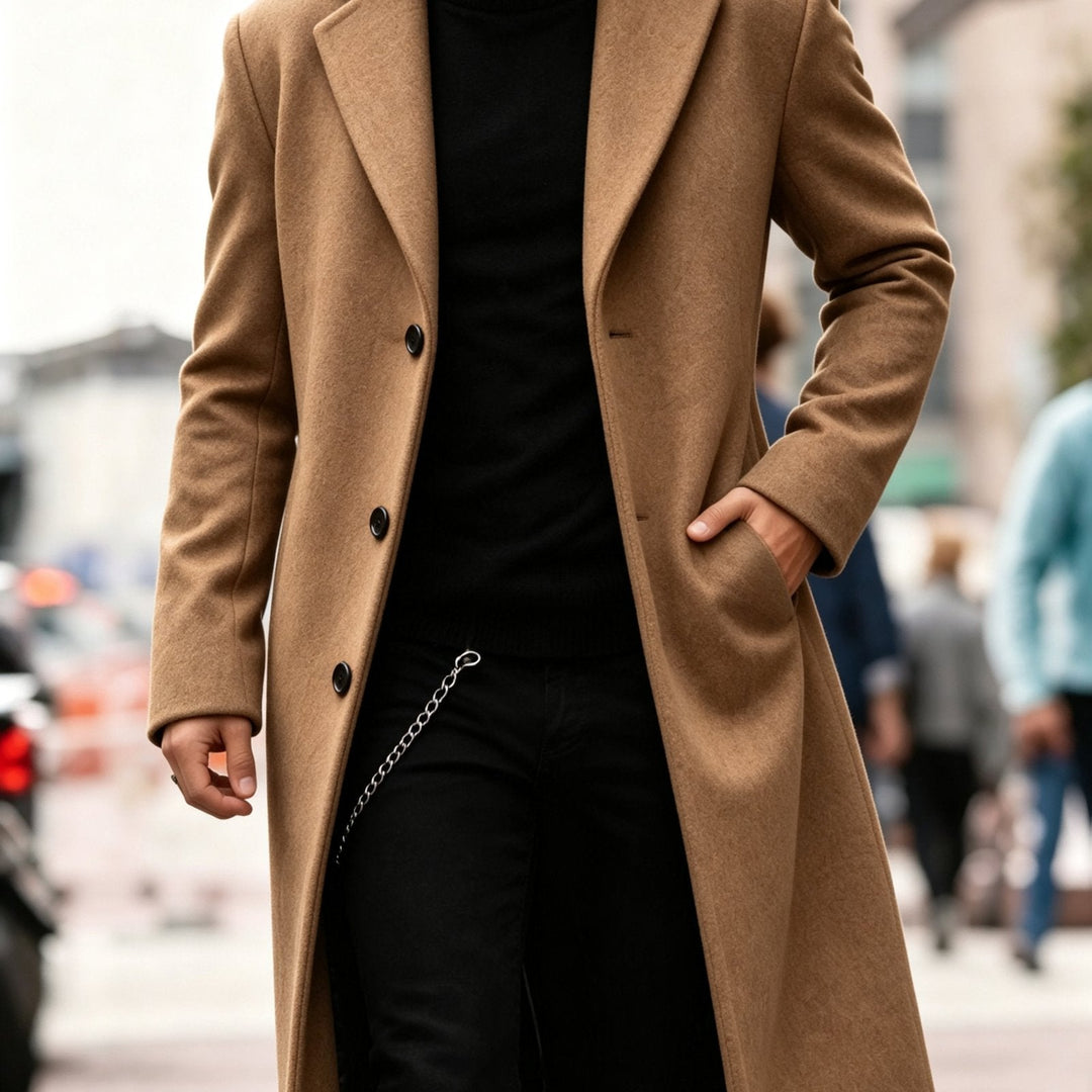 Textured fabric close-up of the durable, weather-resistant men's coat material.