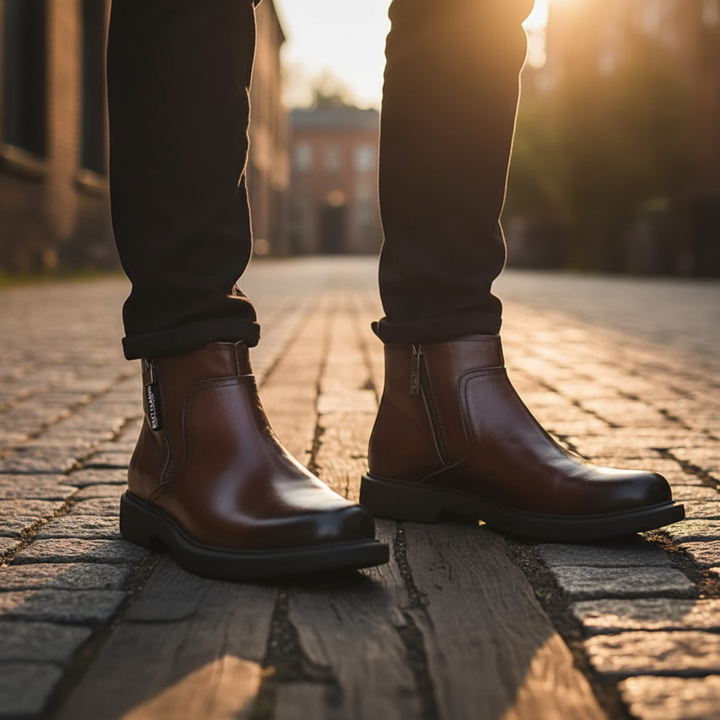 Pair of casual men's boots showcasing textured leather and sleek side-zip design.