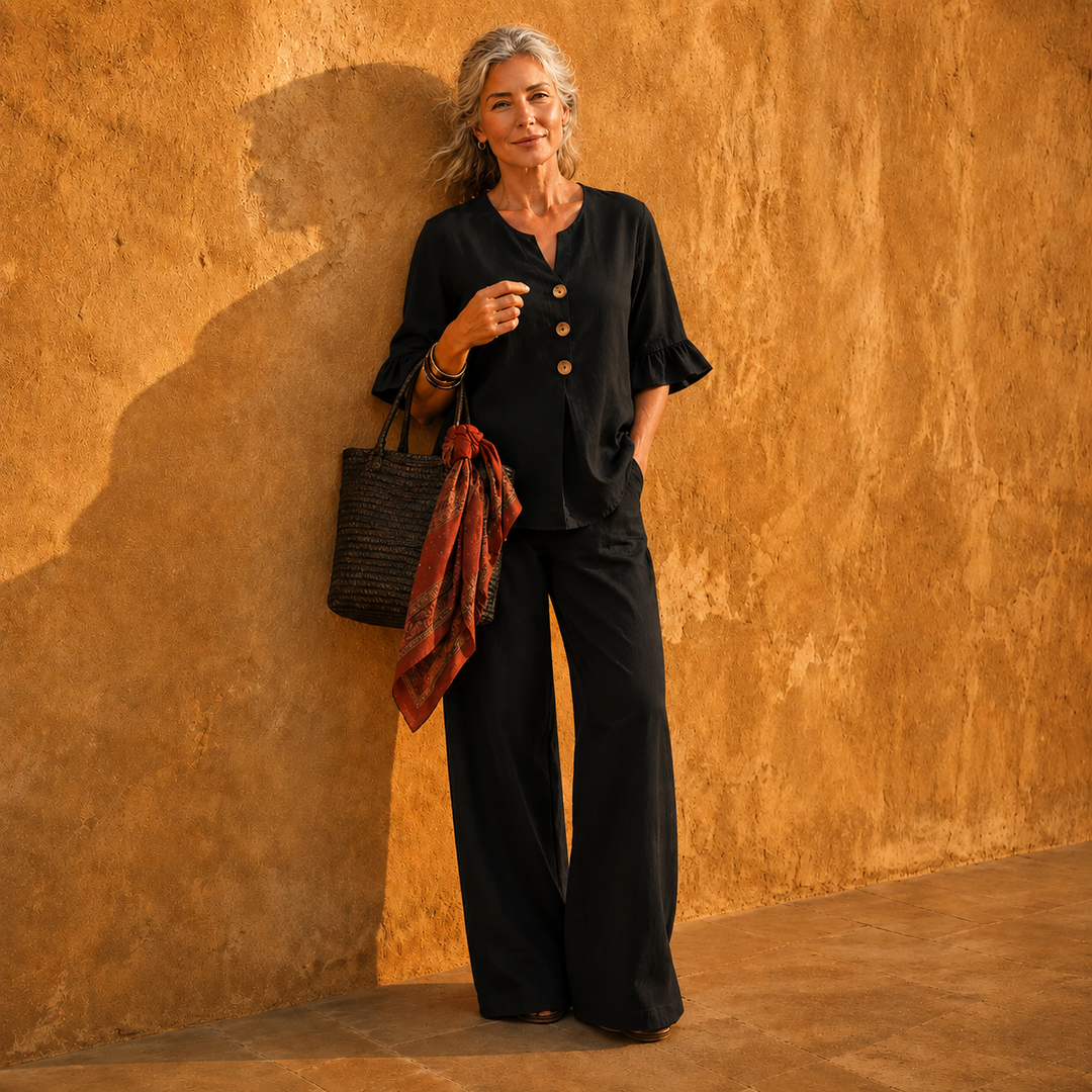 Close-up of the stylish ruffle-cuff sleeve detail on the womens summer linen top
