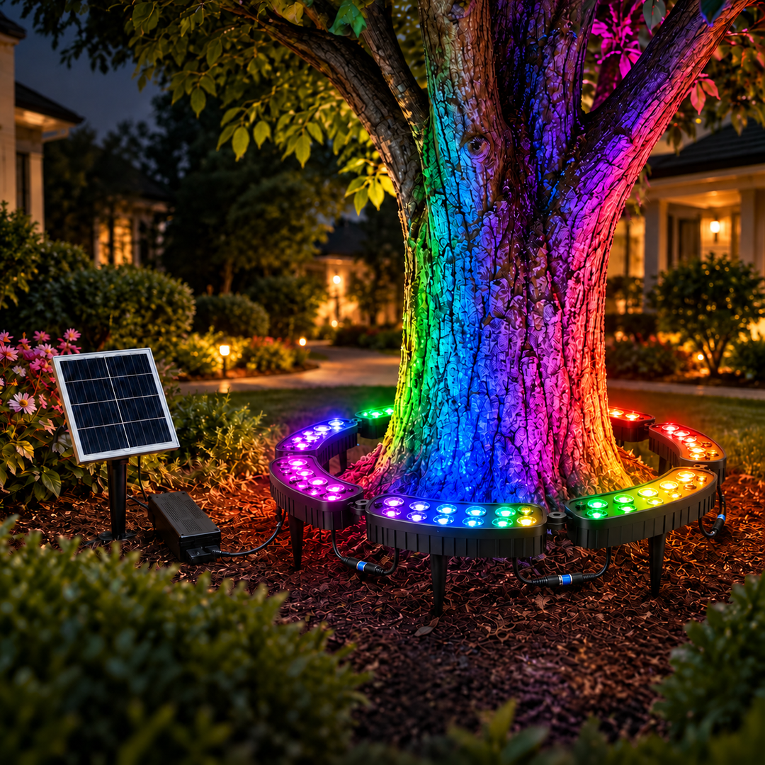 Solar RGB outdoor tree ring light installed around a garden tree for vibrant landscape lighting