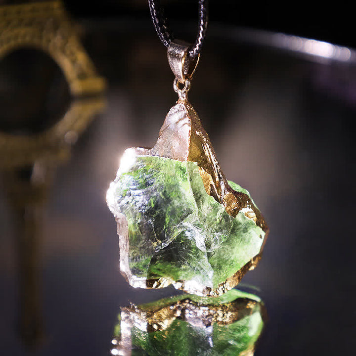 Raw green Moldavite crystal necklace on a delicate chain, natural stone jewelry