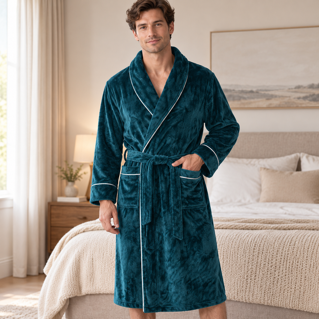 Man wearing a deep teal long hooded bathrobe with white piping trim