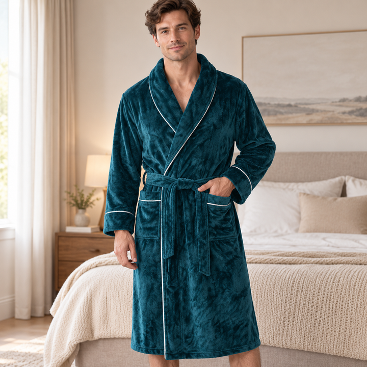 Man wearing a deep teal long hooded bathrobe with white piping trim