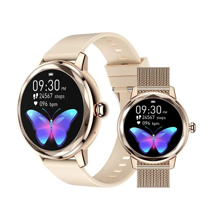 Gold women's smartwatch with butterfly screen and beige strap next to a matching metal mesh band