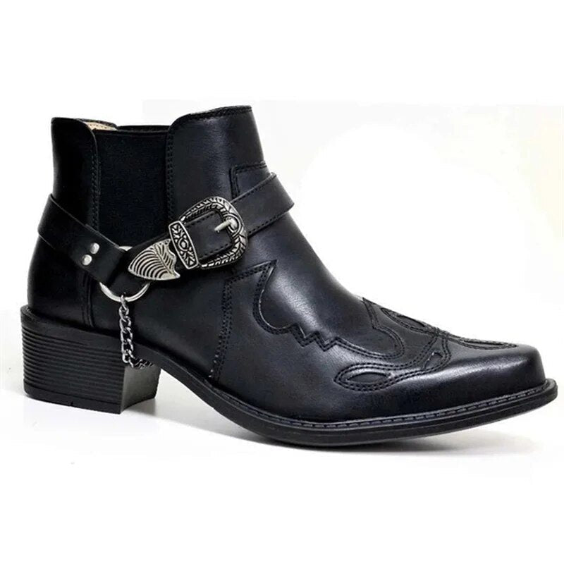 Black men's Western cowboy boot with decorative buckle strap