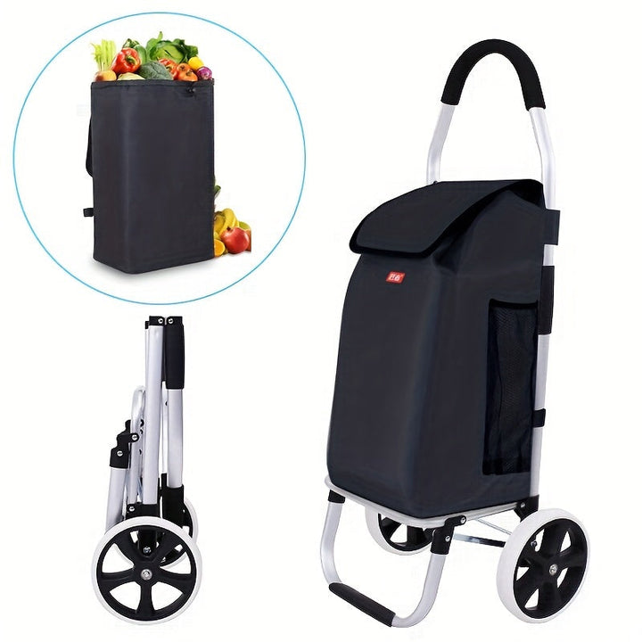 Portable folding shopping trolley with black storage bag and dual wheels
