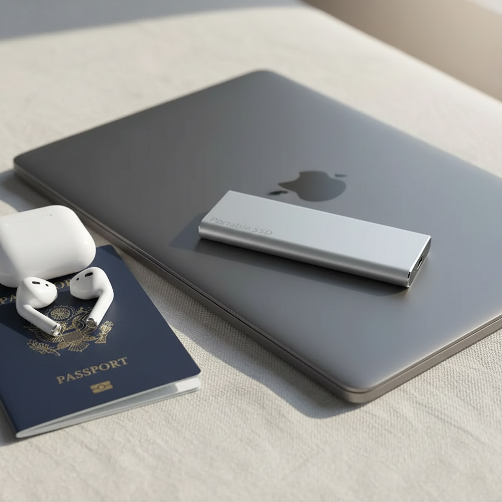 Silver portable solid state drive resting on top of a laptop near wireless earbuds and a passport
