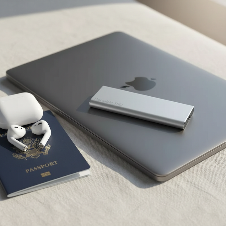 Silver portable solid state drive resting on top of a laptop near wireless earbuds and a passport