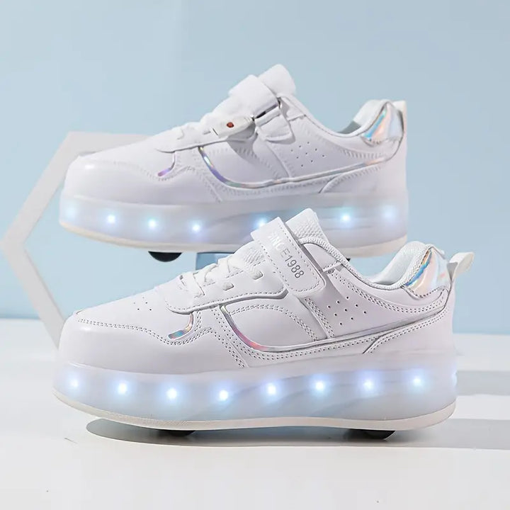 Pair of children shoes with wheels deployed, ready for skating and walking