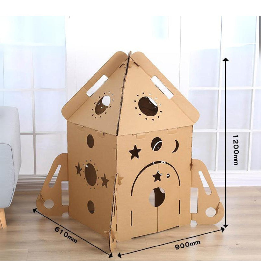 Close-up of kids building toy joints and interlocking cardboard parts