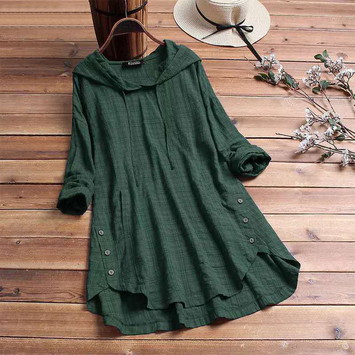 Green women's hooded long sleeve tunic shirt with drawstring hood