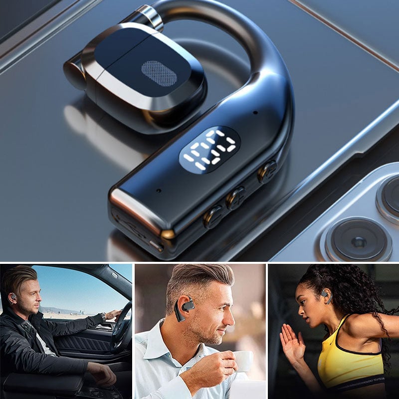 Beige wireless earpiece lifestyle shot highlighting sleek profile